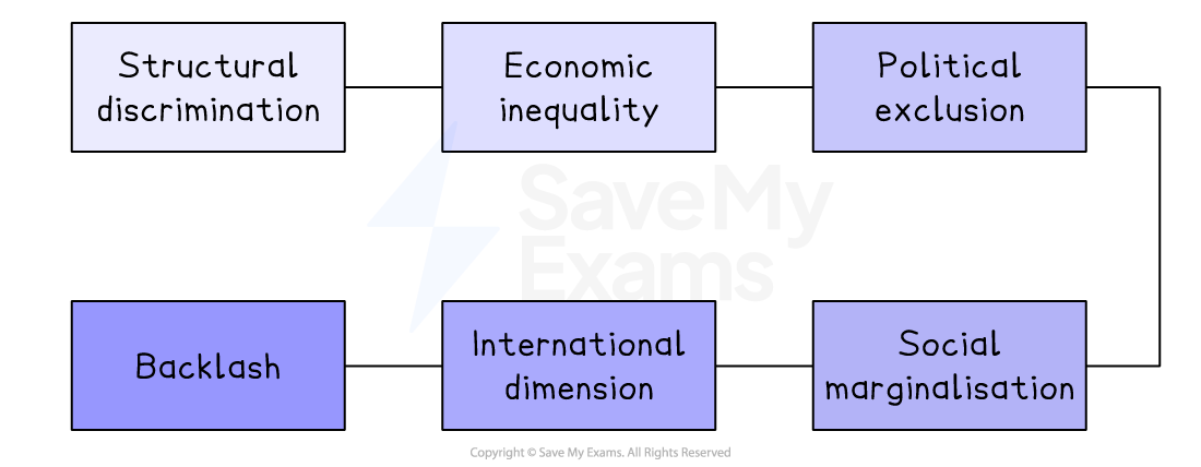 Diagram of linked boxes showing a cycle: structural discrimination, economic inequality, political exclusion, social marginalisation, international dimension, backlash