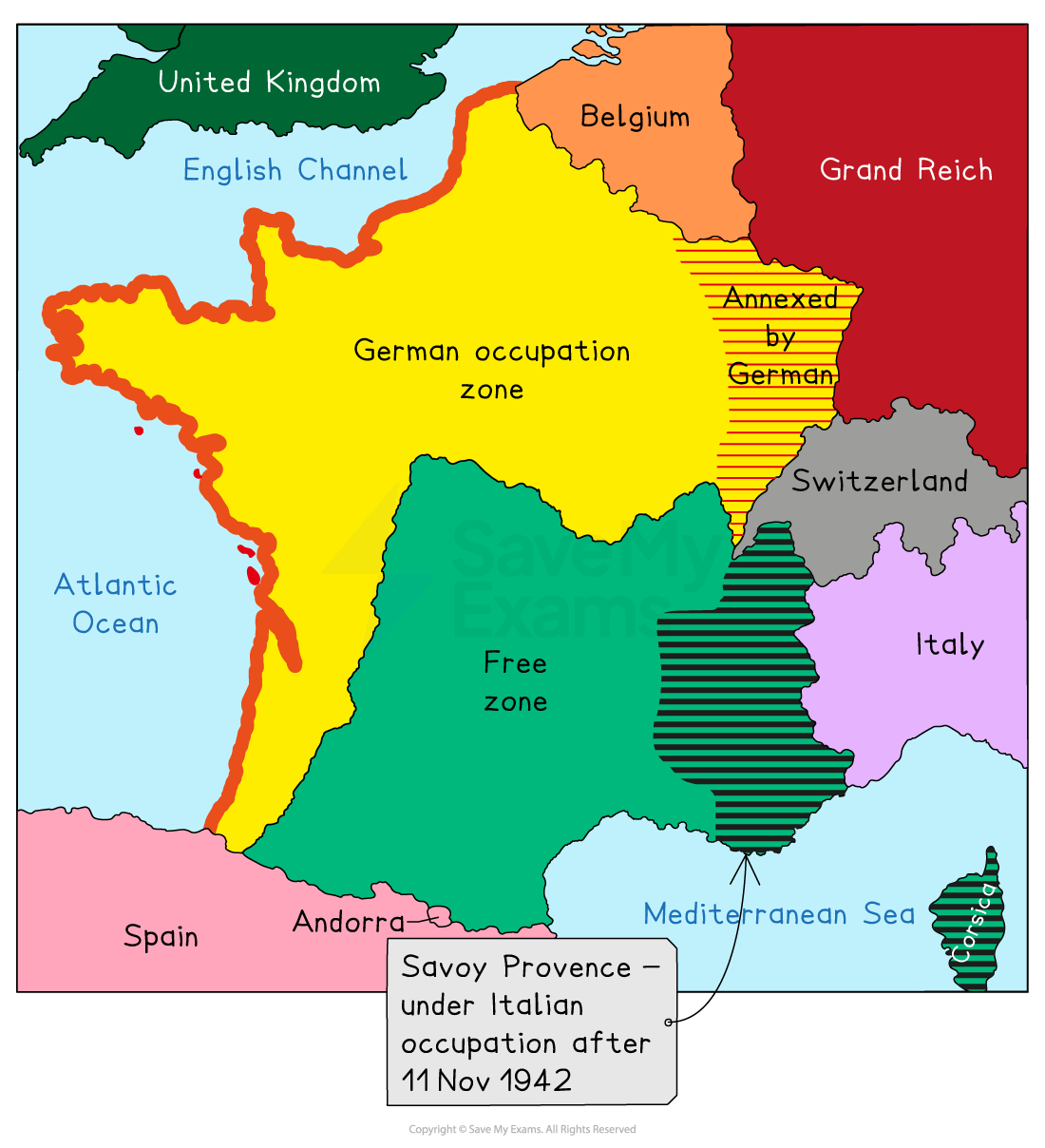 Colour map of France in 1942 showing German occupation and annexed zones, Italian‑held Savoy Provence, and neutral Free zone, with surrounding countries labelled.