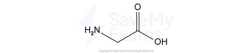 A structural formula of glycine. A central carbon atom is bonded to two hydrogen atoms, an amine group, NH2, and a carboxylic acid group, COOH.