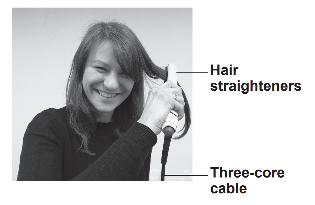 Smiling woman using electric hair straighteners on her hair, with labelled arrows pointing to the straighteners and their three‑core cable