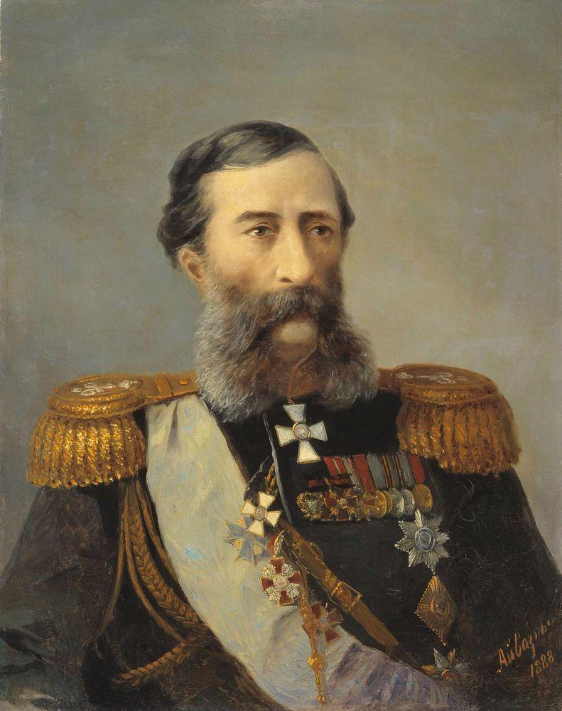 Oil portrait of an older military officer in ornate dress uniform with gold epaulettes, large grey beard and numerous medals against a plain background