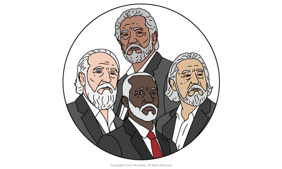 Image of The Chorus from Antigone: four older, bearded men in suits standing close together in a circle frame, facing slightly different directions.