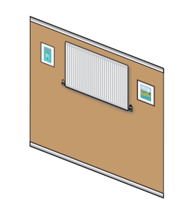 Isometric view of a tan wall with a white horizontal radiator in the centre, flanked by two small framed pictures, skirting boards top and bottom