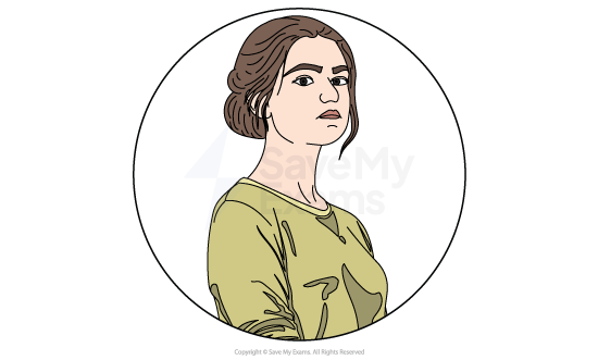 Image of Ismene from Antigone: she is a young woman with brown hair in a bun, wearing a loose green jumper, looking sideways with a serious expression inside a circular frame.
