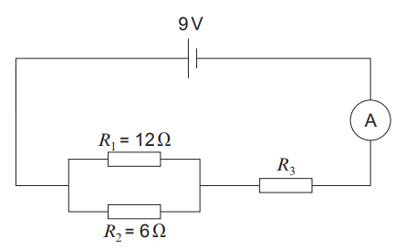Circuit diagram with 9 V battery, ammeter, resistor R3 and parallel resistors R1 = 12 Ω and R2 = 6 Ω in a single loop.