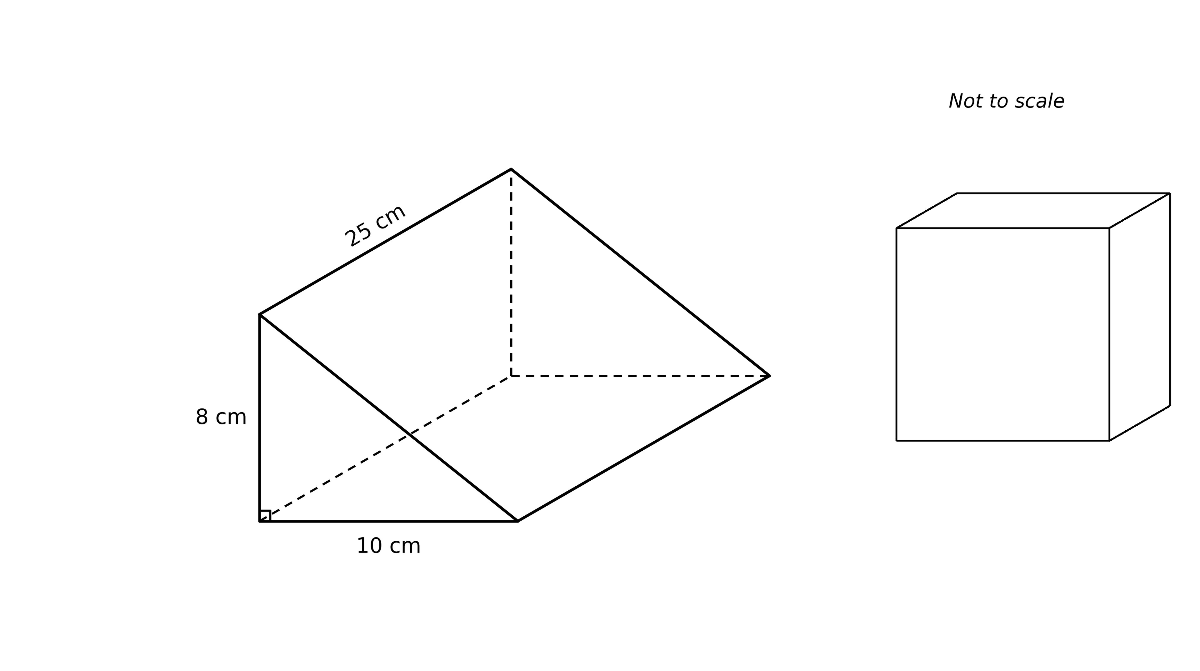 Diagram of a right triangular prism with base 10 cm, height 8 cm and sloping length 25 cm, The hypotenuse of the triangular face is not shown. A cube with no labelled dimensions is also shown