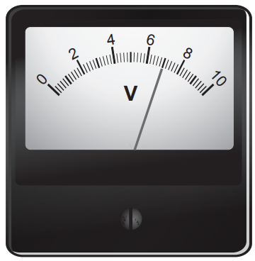 Analogue voltmeter with a black case, showing a scale from 0 to 10 volts and a needle pointing to about 6 volts