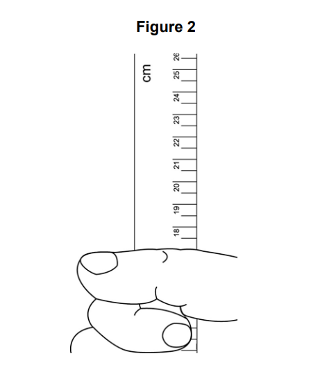 Diagram labelled Figure 2 showing a hand gripping the bottom of a vertical centimetre ruler, with the index finger aligned near the 18 cm mark