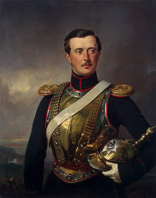 Oil portrait of a 19th‑century cavalry officer in ornate dress uniform and breastplate, holding a plumed helmet against a dark, cloudy background