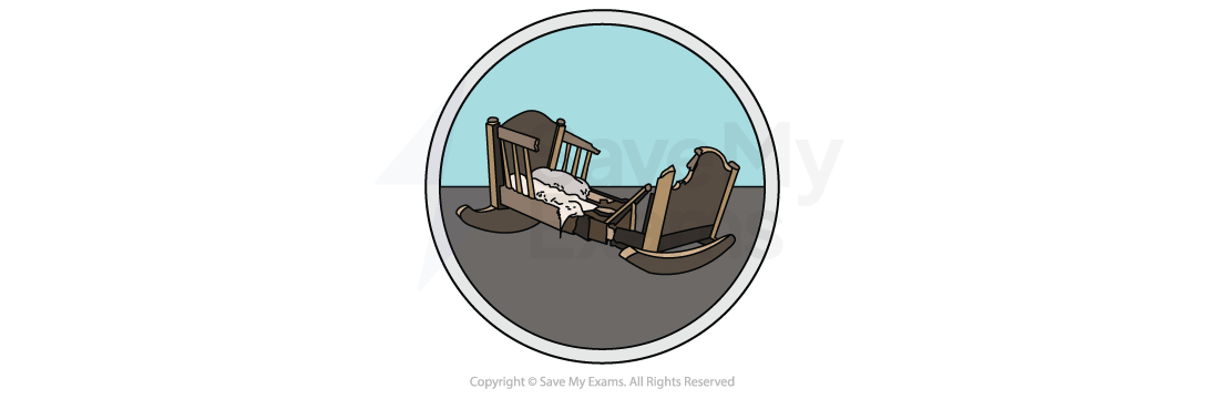 Theme symbol for Motherhood in Slavery: image of a broken wooden crib lying on its side on a grey floor against a blue background, with splintered pieces and torn white fabric
