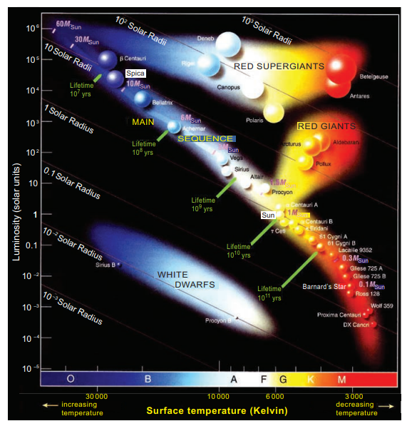 Hertzsprung–Russell diagram showing star classes by colour, luminosity, radius, temperature and lifetime, including main sequence, red giants and white dwarfs
