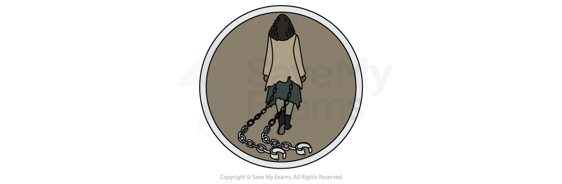 Theme symbol for The Traumatic Legacy of Slavery: illustration of a ragged person walking away, dragging long broken chains on the ground inside a circular frame
