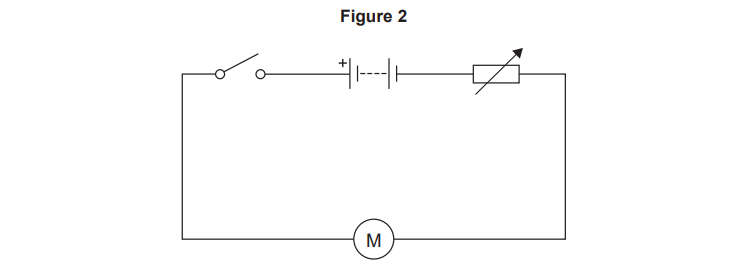 Circuit diagram showing a battery, switch, variable resistor and motor connected in series, with arrows indicating adjustable resistance to control motor speed