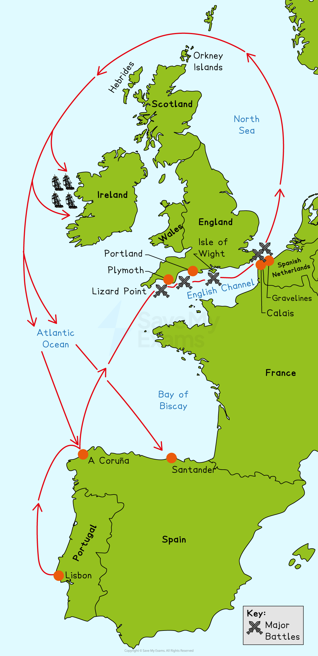 Colour map showing the route of the Spanish Armada from Lisbon around Spain, through the English Channel and around Scotland and Ireland with battles marked
