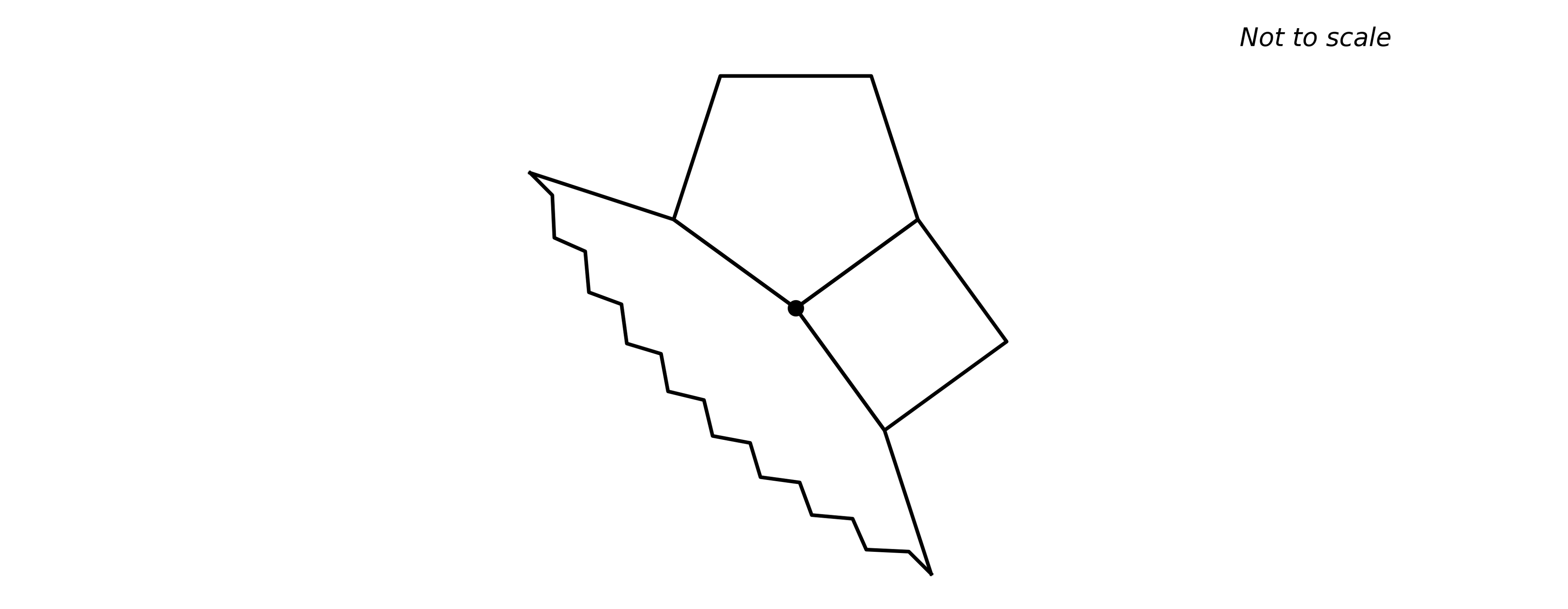 Three regular polygons meeting at a single vertex. Working clockwise from the top: a regular pentagon, a square, and a third regular polygon (drawn with its far edges as wavy/jagged lines to suggest it continues off the page). The shared central vertex is highlighted with a dot. Floating text "Not to scale" sits at the top-right of the diagram.