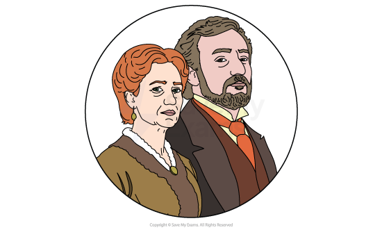 Image of Mr and Mrs Garner from Beloved: they are a stern but kindly middle-aged Victorian couple in period clothing, the woman in brown dress and the bearded man in suit with orange waistcoat and cravat