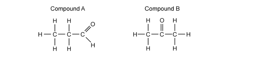 Structural formulae of propanal (compound A, an aldehyde) and propanone (compound B, a ketone)