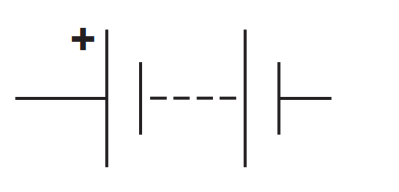 Circuit symbol showing a polarised capacitor in series with another capacitor, with a dashed line indicating a dielectric or separation between plates