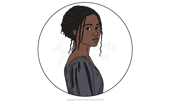 Image of Beloved from Beloved: she is a young black woman with braided hair in a grey dress, shown in profile turning to face the viewer against a plain white circular background