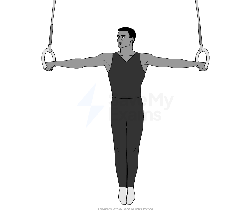 Illustration of a male gymnast performing an Iron Cross on rings, arms extended horizontally, body straight and feet together against a plain background