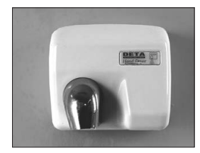Wall-mounted electric hand dryer with a white rectangular casing and a shiny curved metal nozzle at the bottom front