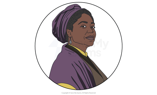 Image of Baby Suggs from Beloved: she is a confident Black woman in profile wearing a purple headwrap, matching shawl and yellow top, with drop earrings, in a circular frame
