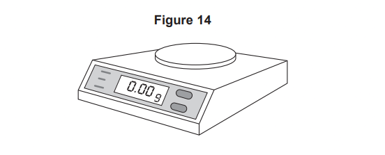 Diagram of a digital laboratory balance with circular weighing pan and front display reading 0.00 grams, labelled Figure 14