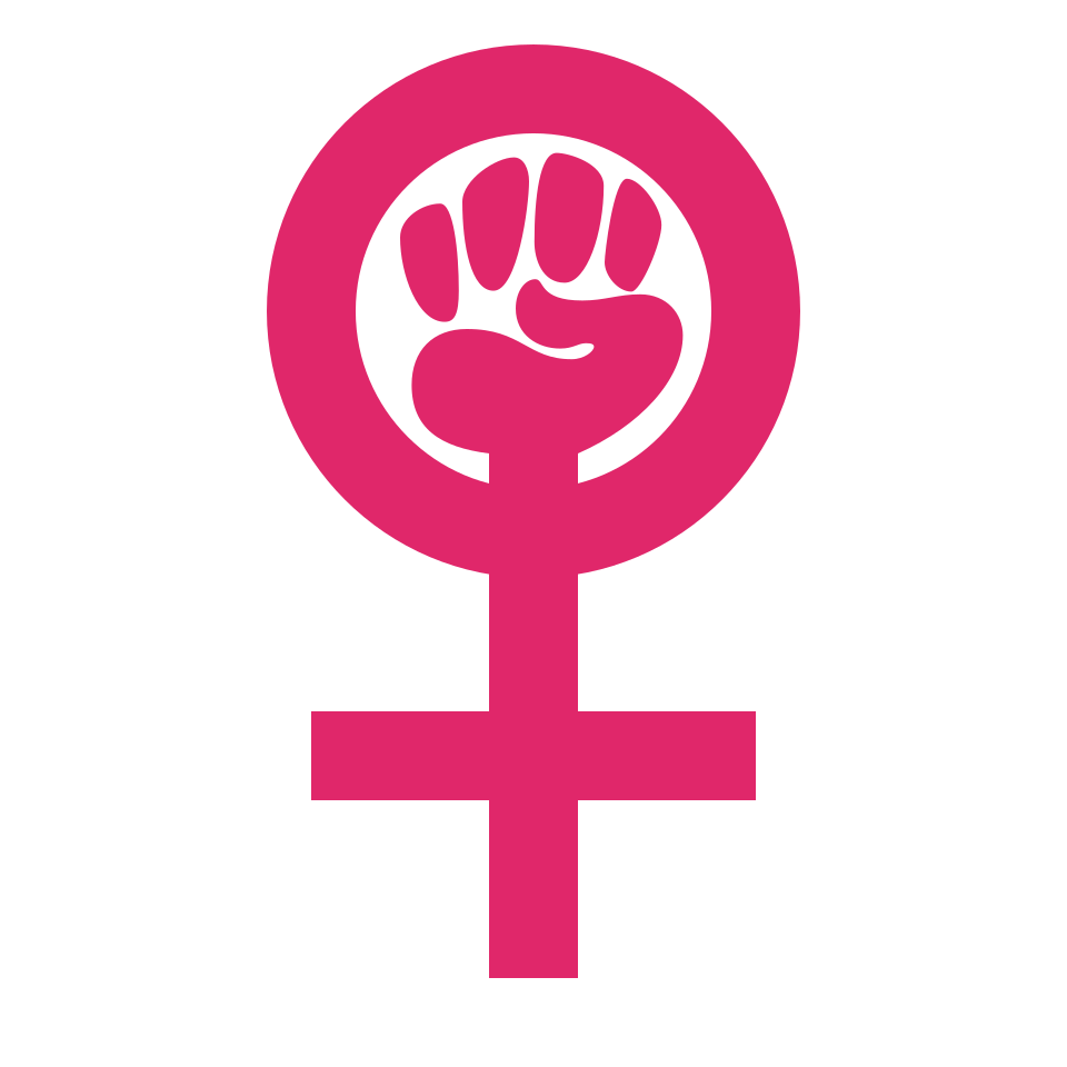 Pink feminist symbol: a Venus sign with a raised fist inside the circle, representing women’s rights, empowerment and gender equality on a white background