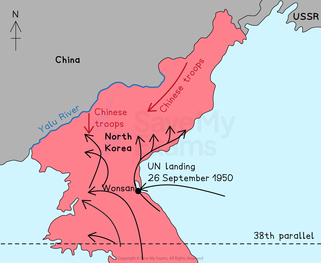 Map of North Korea during Korean War showing Chinese troop advances from the Yalu River and a UN landing near Wonsan south of the 38th parallel