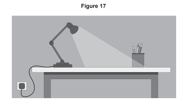 Illustration of a desk with an anglepoise lamp plugged into a wall socket, shining light onto a pot of pencils on the right side of the work surface