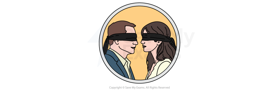 Symbol of the theme Blindness to the Truth: Cartoon of a man and woman facing each other, both blindfolded with black cloths, inside a circular frame on a pale orange background