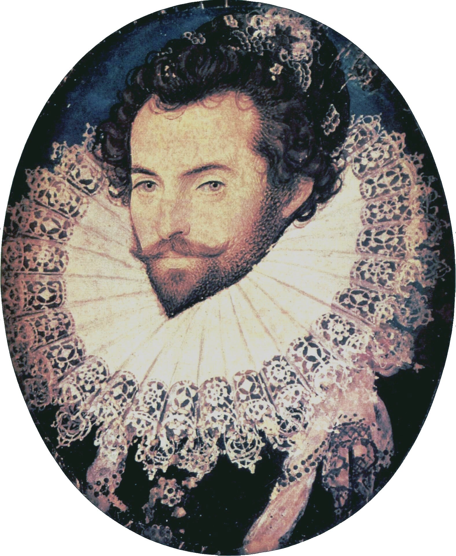 Elizabethan portrait miniature of a bearded man with curled dark hair, wearing a large lace ruff and ornate embroidered clothing against a dark background