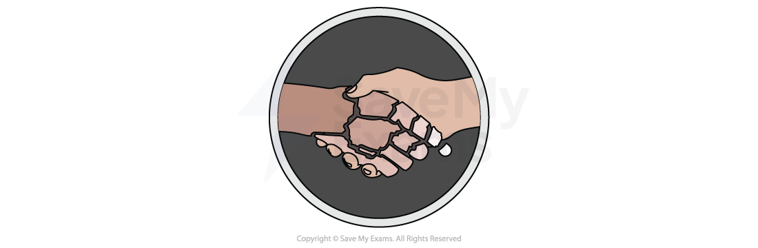 Symbol for Betrayal: Illustration of a human hand shaking another, crumbling hand inside a grey circle, symbolising a breakdown of trust and loyalty.