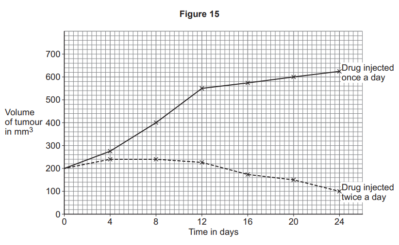 Line graph of tumour volume over 24 days showing growth with once-daily drug injections and gradual shrinkage with twice-daily injections.