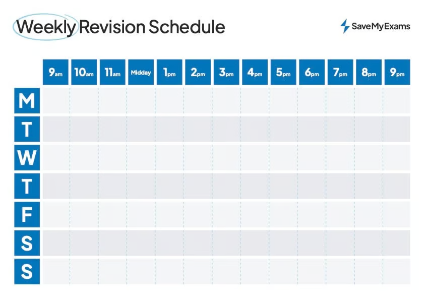 Weekly revision timetable from 9am to 9pm, from Monday to Sunday, with hours in columns and days in rows. Logo in top right corner.
