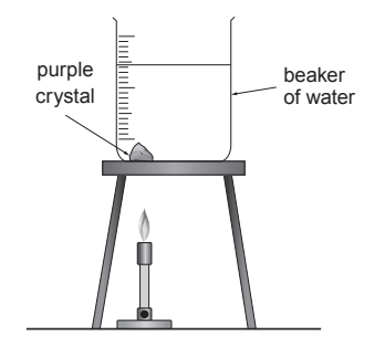 Laboratory setup with a beaker of water on a tripod, heated by a Bunsen burner, containing a labelled purple crystal at the bottom.