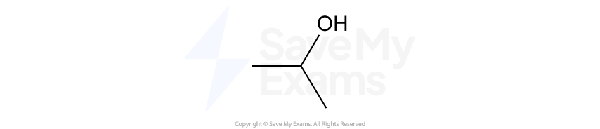 Skeletal formula of isopropyl alcohol showing a three-carbon chain with a central carbon bonded to an OH group and two methyl groups