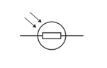 Circuit diagram symbol of a light-dependent resistor, with arrows indicating incoming light affecting the enclosed resistor within a circle