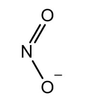 Skeletal formula of the NO2- ion, showing a central nitrogen double-bonded to one oxygen and single-bonded to another negatively charged oxygen