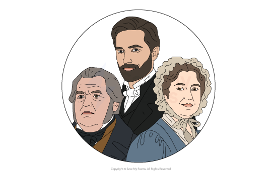 Group portrait of significant minor characters from Silas Marner: William Dane, Mrs Osgood and Squire Cass. 