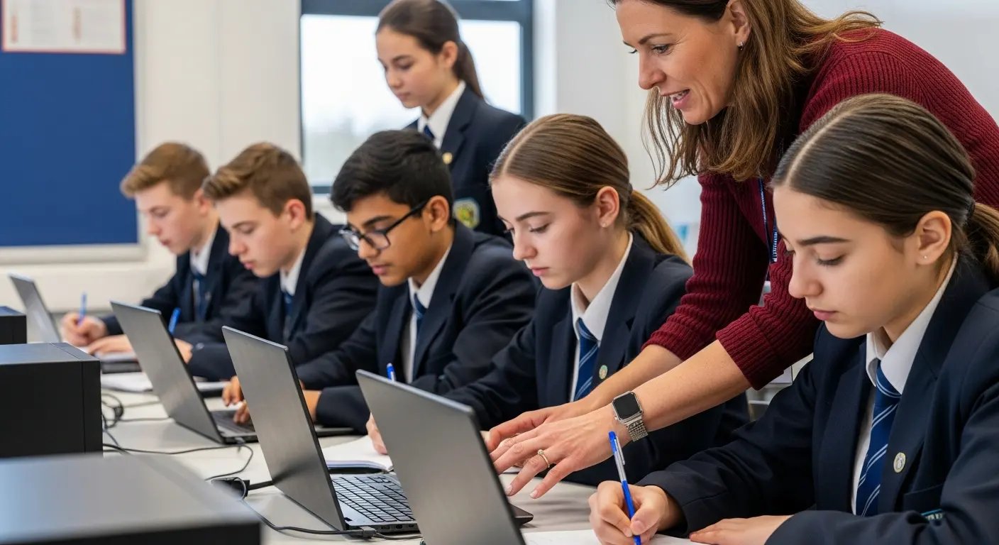 Teacher helping secondary school pupils in uniform working on laptops in a classroom, as they type and take notes during a lesson