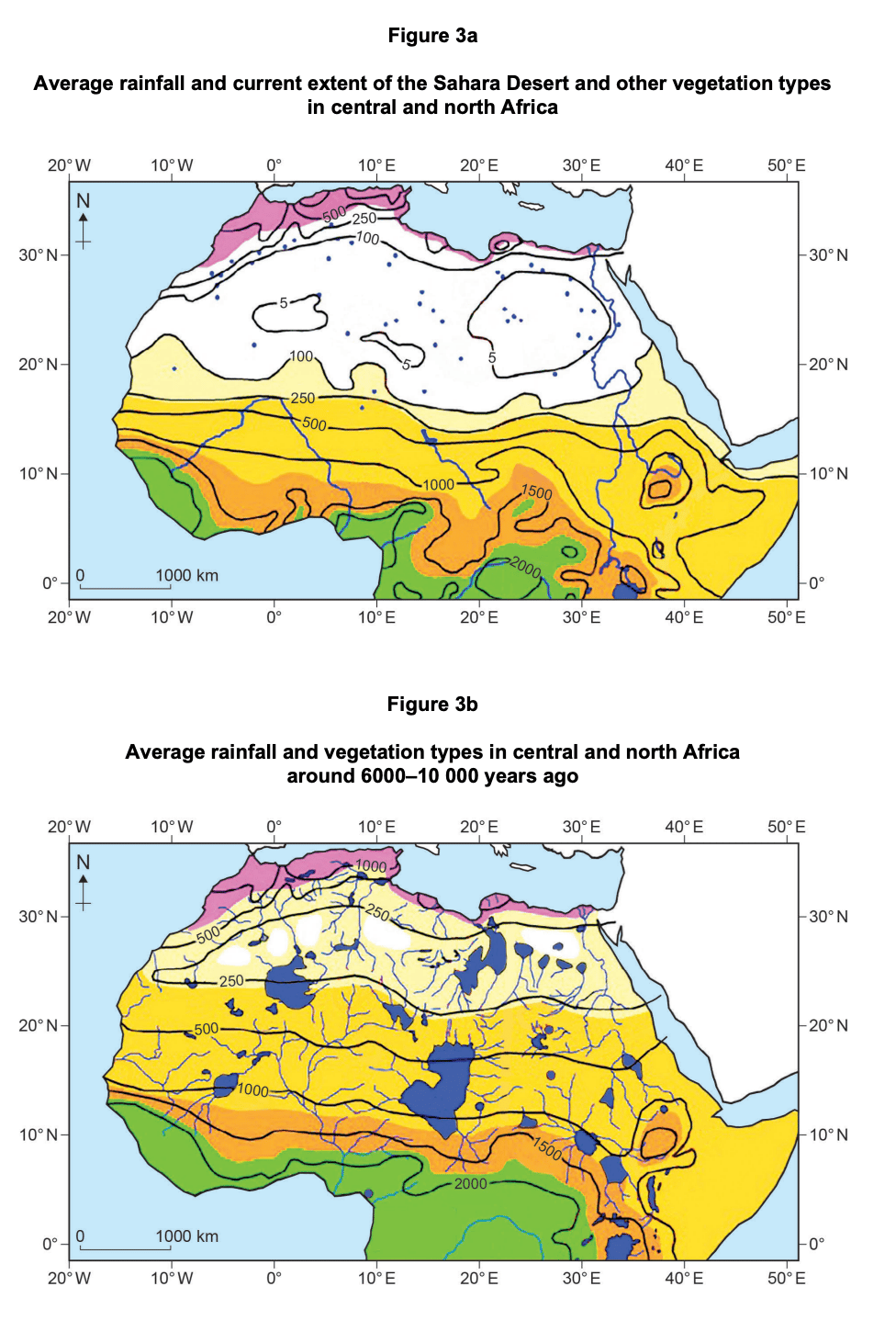 Two maps of central and north Africa comparing present and ancient rainfall, rivers and vegetation, including Sahara Desert extent and greener past conditions