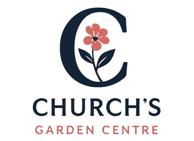 Logo for Church’s Garden Centre, featuring a large navy C framing a stylised coral flower with leaves, and the business name in bold text below.