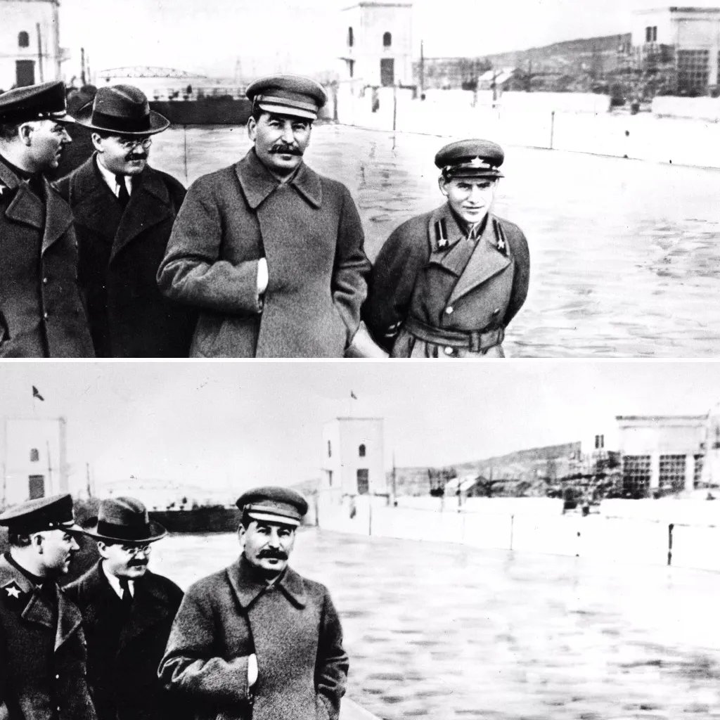Two nearly identical black-and-white photos of four men walking by a river; in the lower image, the young officer on the right has been edited out