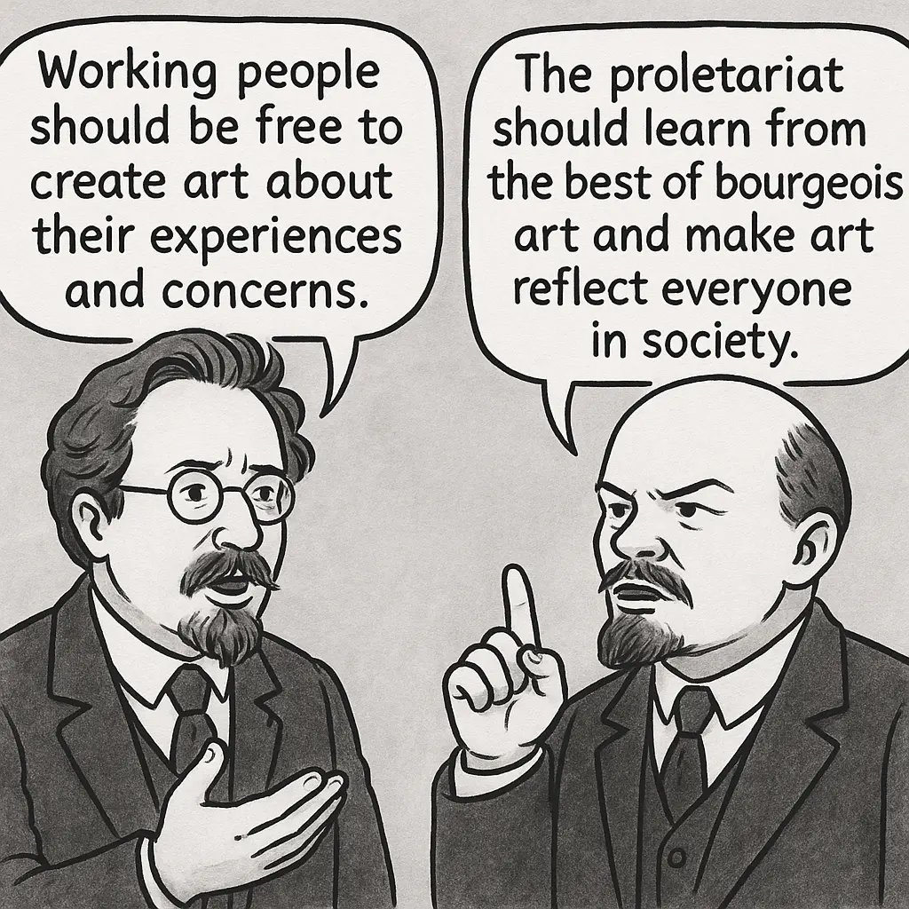 Cartoon of two suited men debating art, with speech bubbles about workers’ freedom to create art and proletariat art reflecting everyone in society.