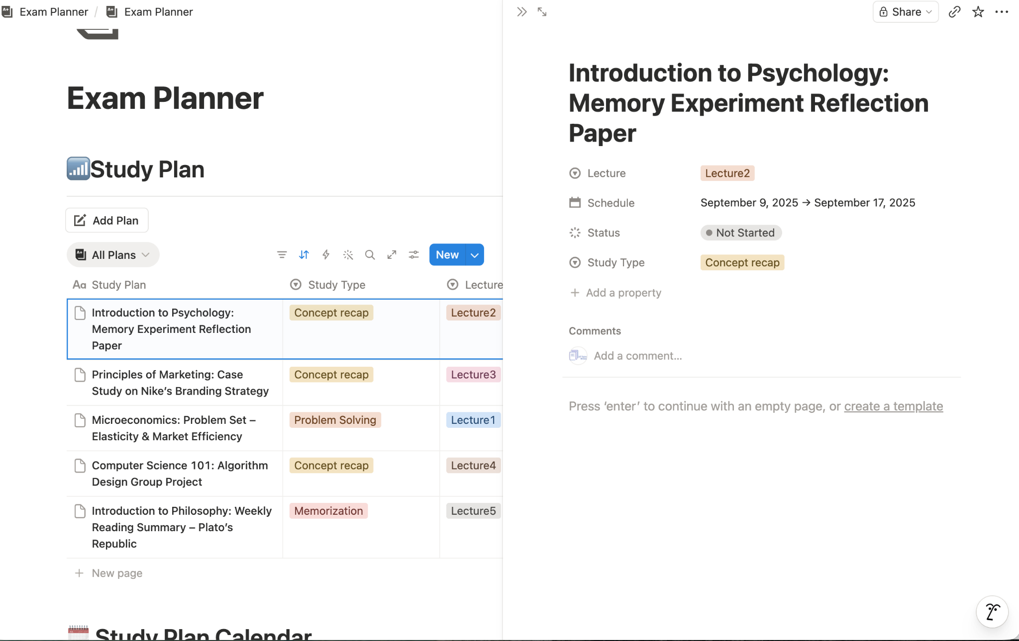 Notion “Exam Planner” study plan showing a table of courses and study types, with details open for a psychology memory reflection paper task.