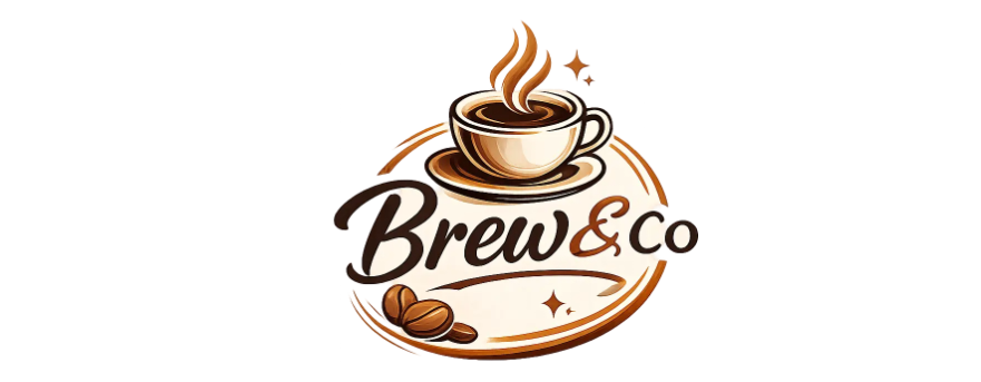 Logo for a business called Brew and co in brown tones and including coffee beans and a freshly brewed cup of coffee on a saucer