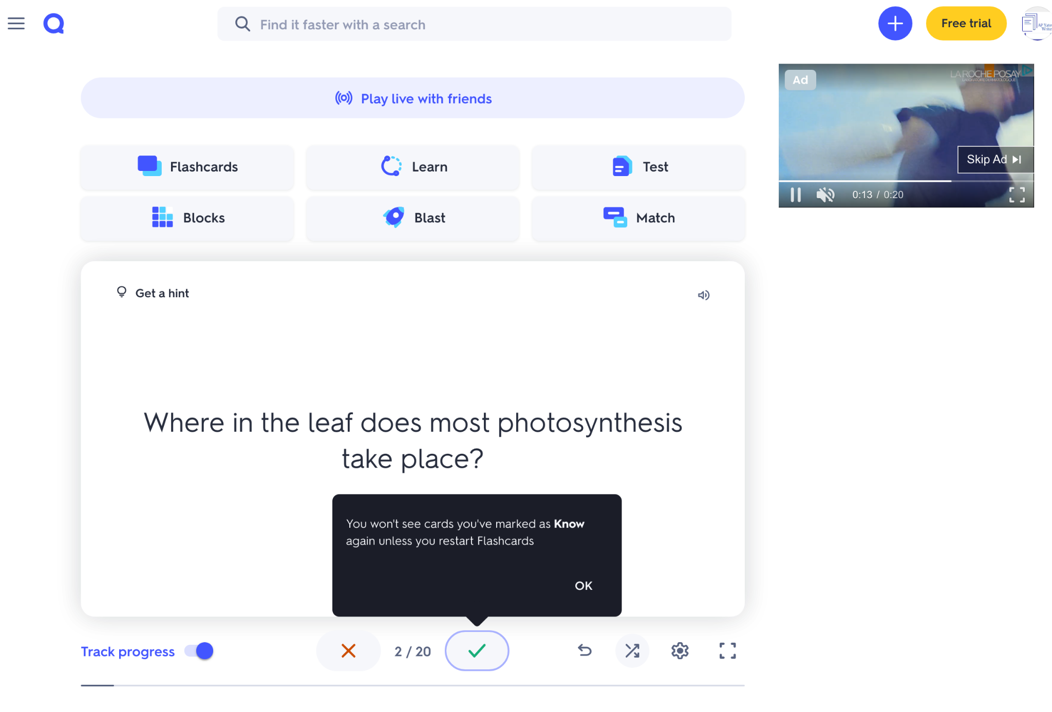 Online flashcard interface showing a biology question, “Where in the leaf does most photosynthesis take place?”, with controls and a video advert on the right