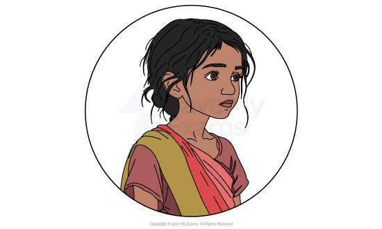 Image of Raka from Fire on the Mountain: she is a distant young girl with dark hair in a messy bun, wearing a simple pink top and yellow scarf, looking to the side on a white background.