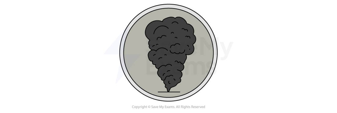 Symbol for War and its human cost: Cartoon-style column of dark grey smoke rising from the ground, shown inside a circular grey background with a thin black border.